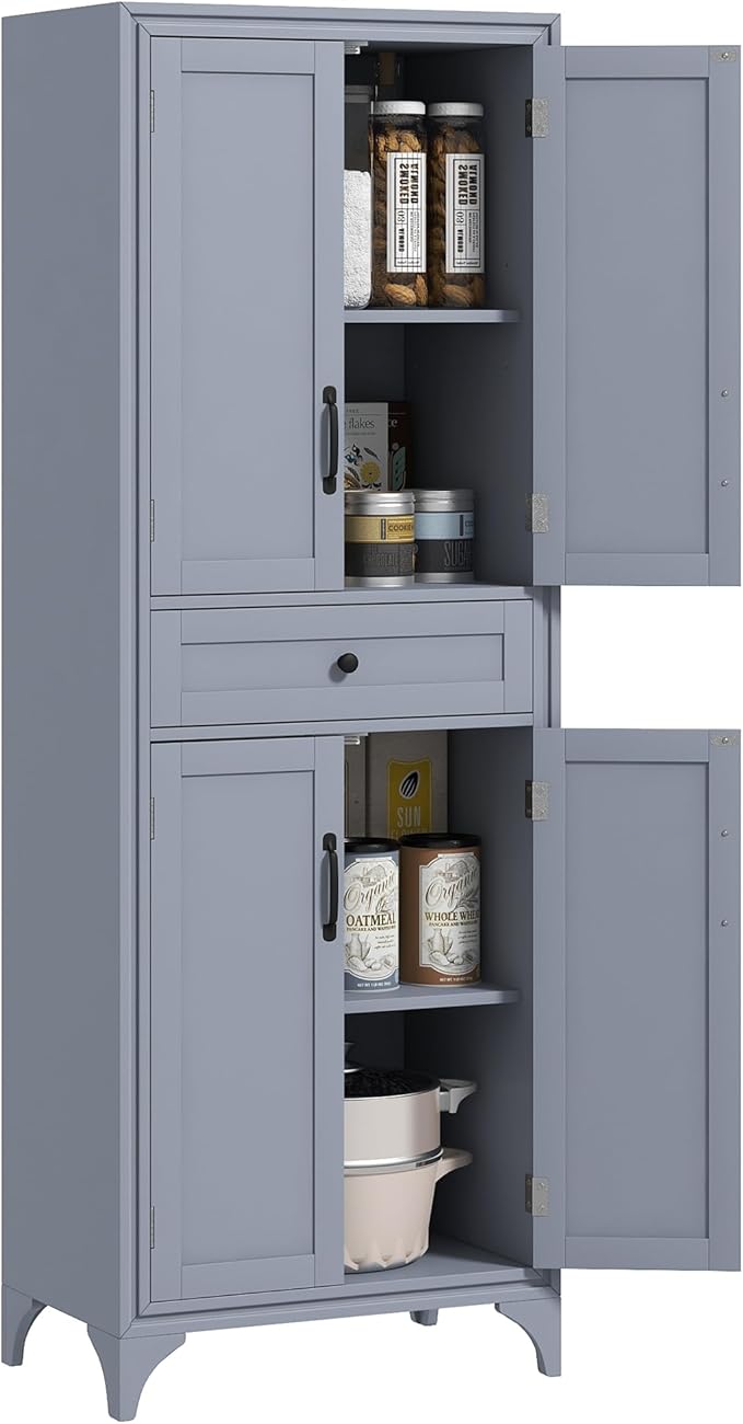 HOMCOM 67" Tall Freestanding Kitchen Pantry Cabinet, 4-Door Storage Cabinet with Drawer and Adjustable Shelves for Dining Room, Gray