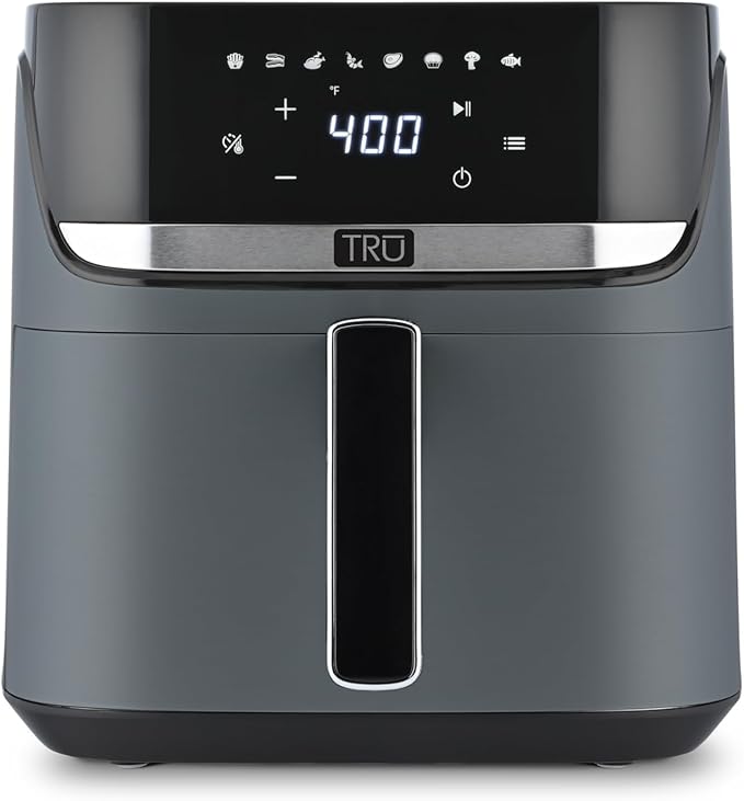 TRU 6-Quart Digital Air Fryer by Select Brands - Family Size, One-Touch Control, 8 Presets - Air Fry Chicken, Meat, Veggies, Fries - Nonstick Pot and Crisping Tray, Auto Shut Off, Matte Gray