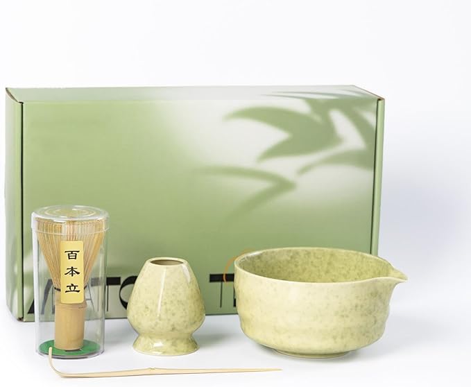 Matcha Whisk Set,Ceramic Matcha Set,with Ceramic Bowl,Bamboo Whisk&Holder,Scoop,Authentic Japanese Matcha,for Matcha Lovers,Gift for Family/Friend(tea green)