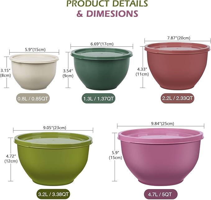 Greentainer Plastic Mixing Bowls with Lids Set for Kitchen, 5 Set Nesting Bowls for Mixing, Baking, Prepping, Cooking and Serving Food, Mixing Bowls Dishwasher, Microwave Safe