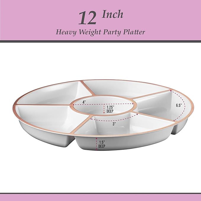 Plasticpro 6 Sectional Round Plastic Serving Tray/Platter (4, White & Rose Gold)
