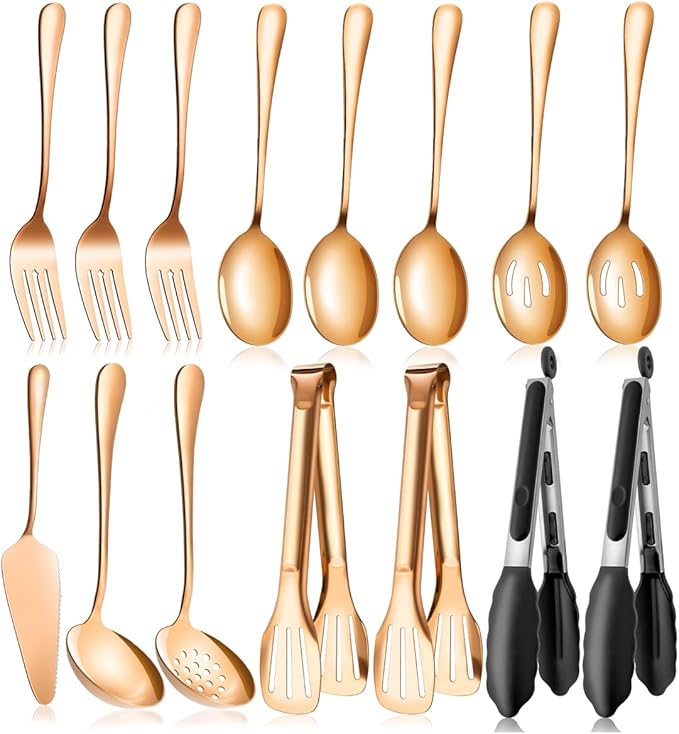 Rose Gold Serving Utensils Set Stainless Steel, Large Metal Serving Spoons, Slotted Spoons, Forks, Tongs, Soup and Skimmer Spoon, Cake Server serveware for Partie, Buffet, Catering, Entertaining 15pcs