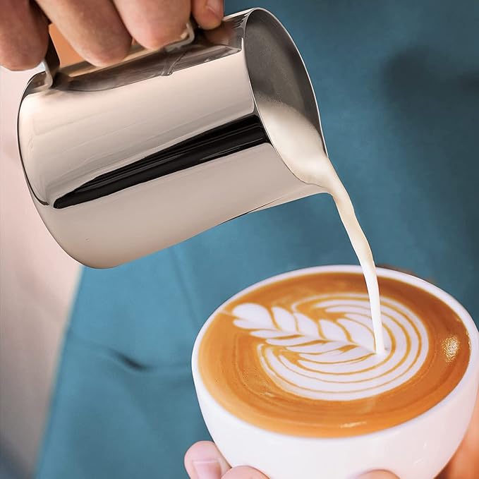 Zulay Premium Gift Milk Frother Set – Handheld Coffee Frother with Stand, 12oz/350ml Frothing Pitcher + 4 Latte Art Stencils – 13,000 RPM Motor, SS Whisk, Battery Operated – Barista Kit (White)