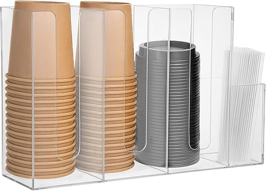 1 Pc 4 Compartments Acrylic Coffee Cup and Lid Storage Organizer Holder Disposable Paper Cup Dispenser Organizer Plastic Lid Holder Accessories for Kitchen Bar Shop Party Supplies, Transparent