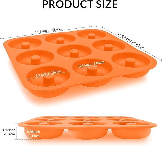 Large Silicone Donut Pan for Baking, 9 Cavity Non-Stick Food Grade Silicone Donut Molds, Doughnut Pan and Bagel Pans for Baking & Kitchen, BPA Free 11.2 x 11.1 Inches, Dishwasher Safe - Orange