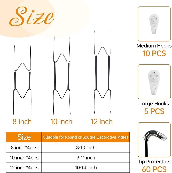 Bilillo 15 pcs Plate Hangers for The Wall, 8/10/12 Inch Invisible Plates Hangers, Stainless Steel Plate Wall Holders for Display Various Sizes with Hooks for Decorative (Black)