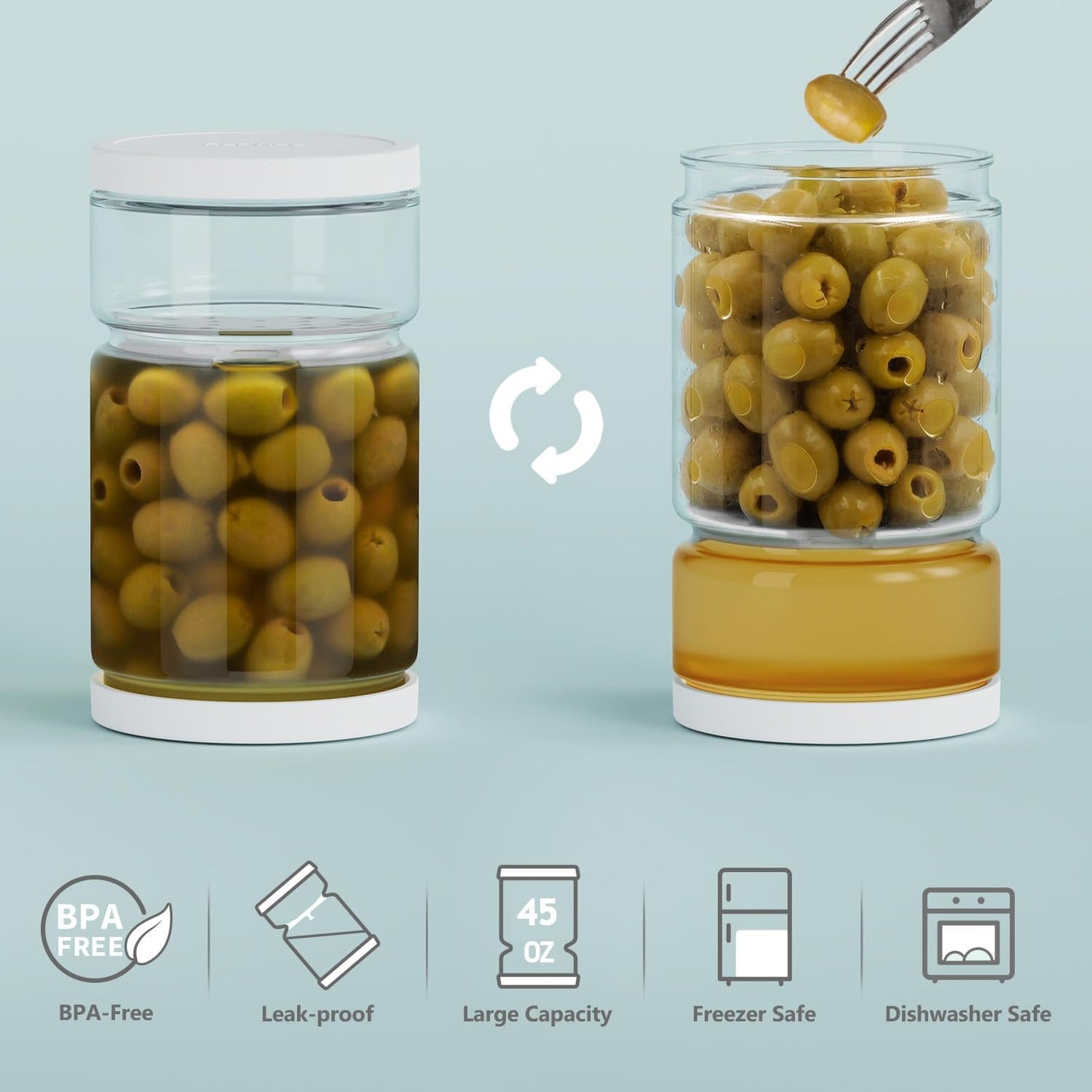 Glass Pickle Container with Strainer for Pickle Lover - 45OZ Leakproof Juice Separator Jar for Gherkin, Olive or Chilli, Dishwasher and Refrigerator Safe, BPA Free (White, 45 oz*2 pcs)