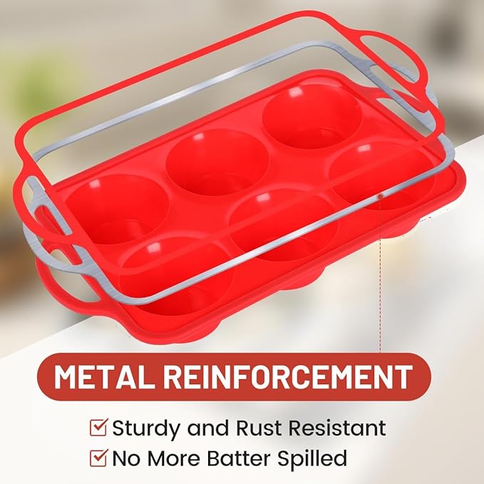 CAKETIME Jumbo Muffin Pan, 3.5 Inch Large Muffin Pan with Metal Reinforced Frame 6 Cup Silicone Jumbo Cupcake Pans for Baking Easy to Handle 2 Pack Red