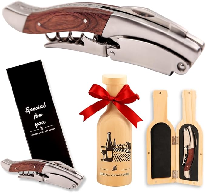 Semecca® Wine Opener – Professional Waiter’s Corkscrew, Double Hinged Wine Key, Wine Bottle Opener with Wooden Gift Box, for Wine Lovers