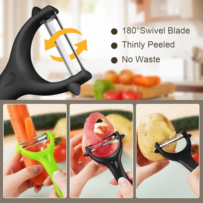 AUAUY 2-Piece Y-Shaped Swivel Vegetable Peeler, Non-Slip Ergonomic Handle, Stainless Steel Blade, Veggie Peeler for Kitchen (Black+Green)