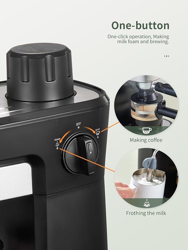 Reemix Espresso Machine 6 Bar, Rich Crema Coffee Maker, Auto Pressure Relief, Compact Home Coffee Brewer Machine, Black