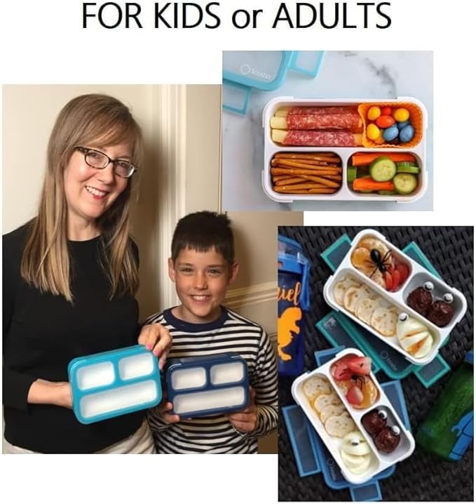 Small Snack Containers for Kids Toddlers - 3 Compartments (Set of 2) - Leak-Proof Reusable Boxes with Lids -BPA-Free Plastic Mini Bento Lunch Box - Ideal for School, Daycare, Holds 2 Cups (Navy+Blue)
