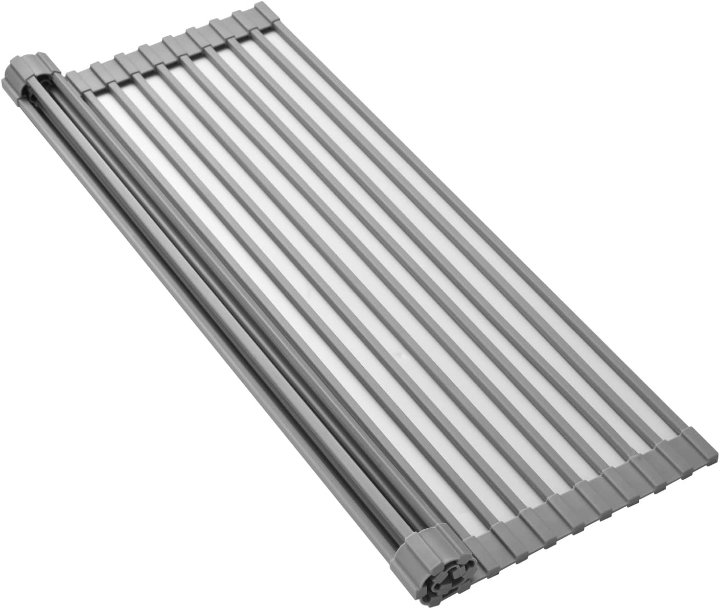 Silicone-Coated Stainless Steel Over The Sink Multipurpose Roll-Up Dish Drying Rack, 17.2"X12.2", Heat Resistant Non Slip Dish Draining Rack BPA Free Dishwasher Safe (S, Gray)
