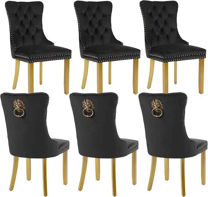 Velvet Dining Chairs Set of 6, Modern Tufted Dining Room Chair, Upholstered Dining Chairs with Lion Head Pulls Ring and Golden Solid Wood Legs, Luxury Kitchen Chairs for Dining Room, Black