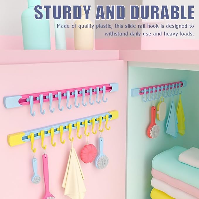 Utility Slide Rail Hook,Under Cabinet Kitchen No Punching Hooks for Hanging Utensil,Bathroom Bedroom Office Wall Door Rack with 10 Hooks,2Pieces