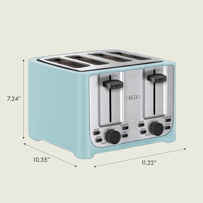 bella 4 Slice Toaster with Auto Shut Off - Extra Wide Slots & Removable Crumb Tray and Cancel, Defrost & Reheat Function - Toast Bread & Bagel, Stainless Steel and Aqua