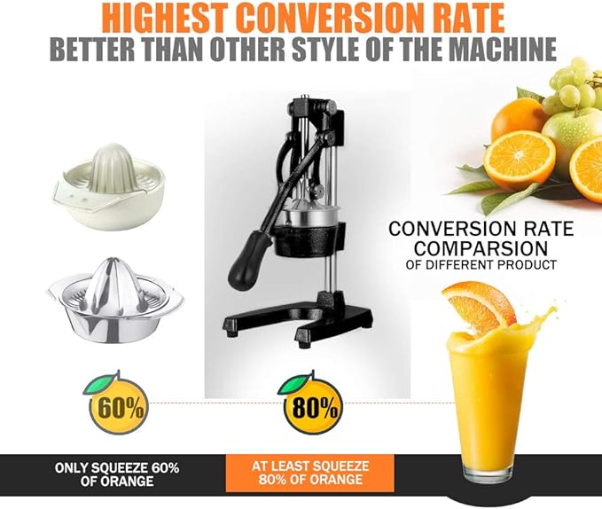 Commercial Heavy Duty Cast Iron Hand Press Manual Orange Citrus Lemon Lime Grapefruit Pomegranate Fruit Juice Squeezer Machine with Stainless Steel Cup Black
