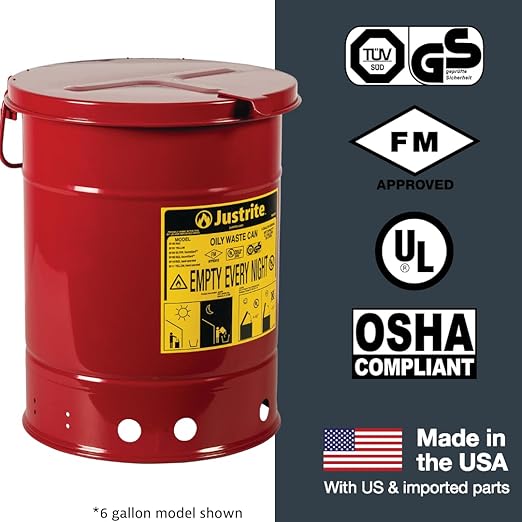 Justrite 6 Gallon Galvanized Steel Oily Waste Can, 16" x 12" Metal Oil Rag Safety Can with Hand Operated Self-Closing Lid for Oil Rag Disposal, Made in The USA, Red, 09110