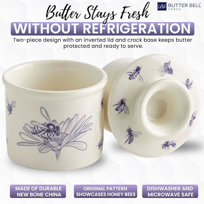 Butter Bell - The Original Butter Bell crock by L Tremain, a Countertop French Ceramic Butter Dish Keeper with Lid for Spreadable Butter, Farmhouse Collection, Honey Bees, Blue & White