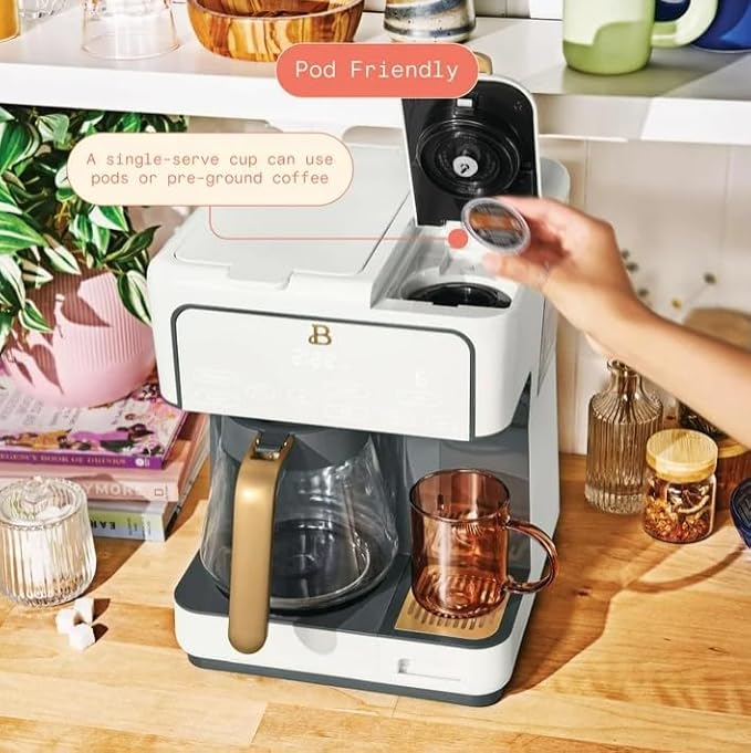 Beauti Multi Brew 12 Cup Programmable Drip & Single Serve Coffee Maker, Versatile Brewing (6oz, 8oz, 10oz, 12oz, 14oz), Pods or Ground, Over Ice option, Keep Warm mode (White)