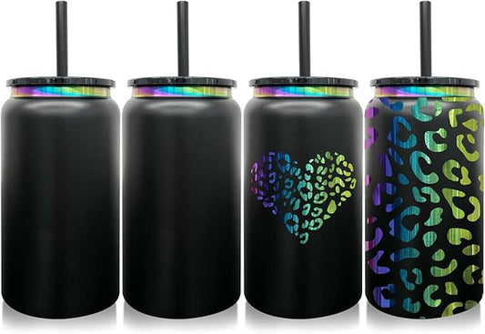 4 Pack Glass Cups with Lids and Straws, 16 oz Stainless Steel Cups, Insulated Skinny Tumbler, Powder Coated Travel Tumblers for Laser Engrave, Iced Coffee Cup for Smoothie Water DIY Gift(Black,4 pack)
