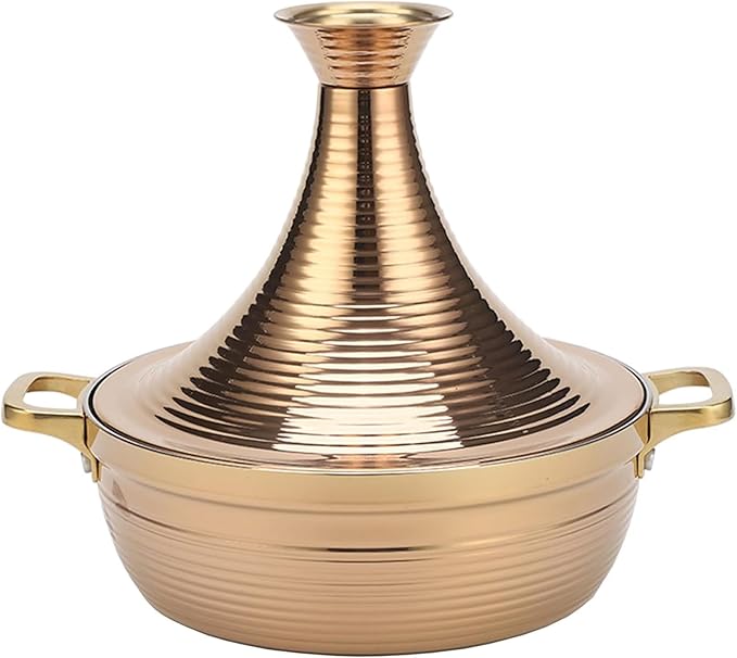 Moroccan Tagine Cooking Pot,Stainless Steel Non Stick Moroccan Casserole with 2 Handles,Large Moroccan Cooker Handmade Tagine Pot with Cone-Shaped Lid(25cm, Rose Gold)