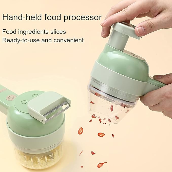 4 in 1Handheld Electric Vegetable Cutter,Wireless Food Processor,Mini Wireless Electric Garlic Mud Masher for Garlic Pepper Chili Onion Celery Ginger Meat with Brush