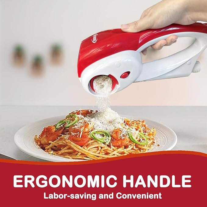 Electric Hard Cheese Grater, Model CES03D, Red, Stainless Steel, Automatic, Cordless, 3 Interchangeable Blades, Easy to Clean