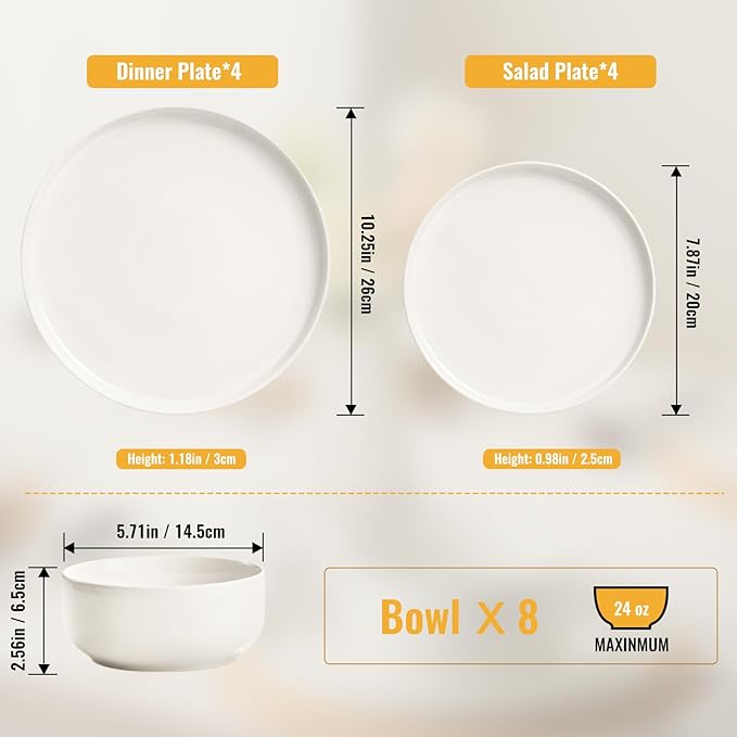 EWFEN Plates and Bowls Sets, 24 Pieces Ceramic Dinnerware Set for 8, Stoneware Dishware Dishes Set, Scratch Resistant Dishes Set, Dishwasher & Microwave Safe, White