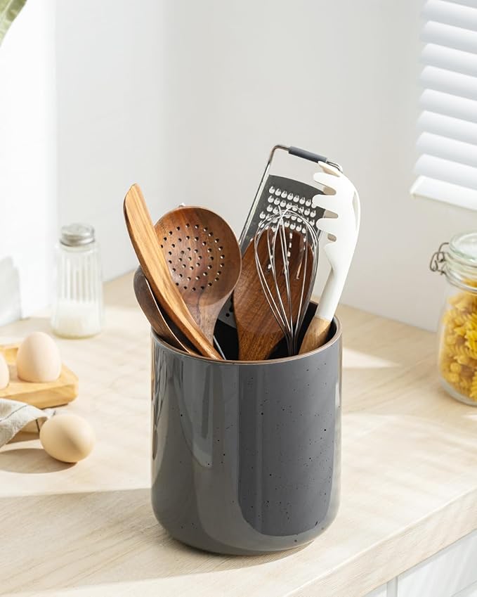 getstar Large Utensil Holder for Kitchen Counter,7.2" Grey Ceramic Utensils Crocks Utensil Organizer for Spatula Farmhouse Kitchen Decor