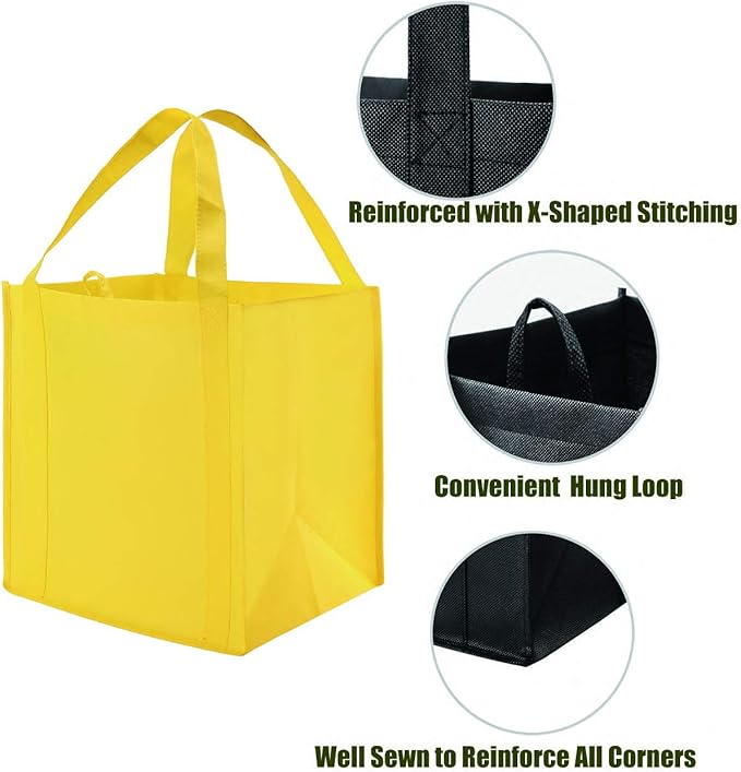 NERUB Set of 10 Reusable Grocery Bags Heavy Duty Shopping Bags Large Grocery Totes with Reinforced Bottom Super Sturdy Handles, Yellow
