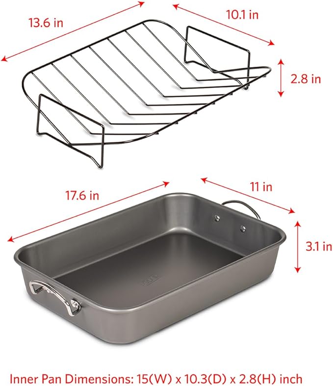 Glad Roasting Pan Nonstick 11x15 - Heavy Duty Metal Bakeware Dish with Rack - Large Oven Roaster Tray for Baking Turkey, Chicken, and Veggies