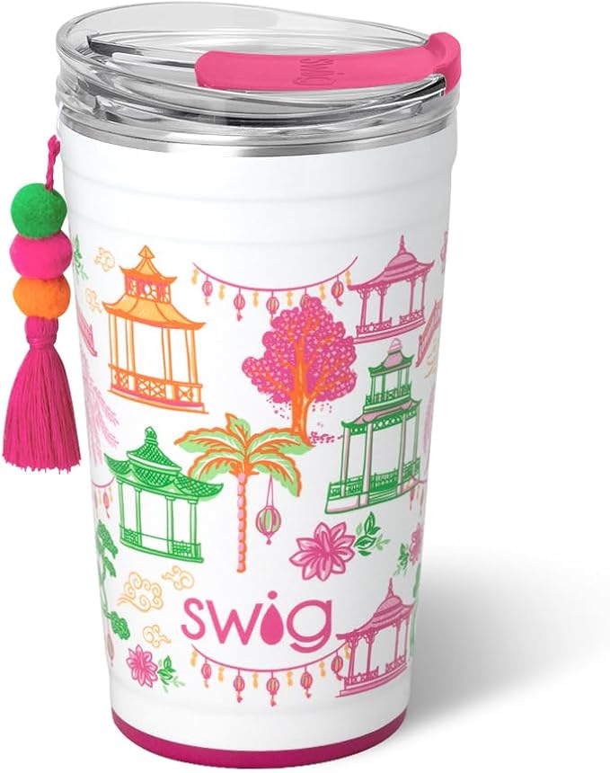 Swig Life 24oz Party Cup, Stackable Insulated Travel Coffee Tumbler with EZ Slider Lid, Cup Holder Friendly Travel, Stainless Steel 24 oz Tumbler, Reusable Mug (Pagoda Paradise)