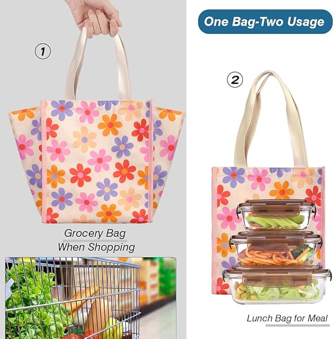 iknoe Insulated Lunch Bag for Women & Adults, 9L Foldable Wide-Open Cooler Bag with Pockets, Leakproof & Portable, for Picnic, Office, Beach(Pink flower)