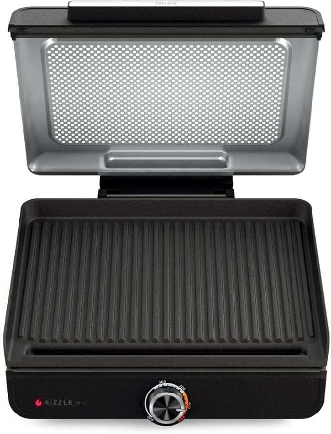 Ninja Sizzle GR100 Smokeless Indoor Grill, 500°F High Heat Kitchen Grill with Nonstick 14-Inch Plate, Low-Smoke Technology, Edge-to-Edge Heating, Family-Sized Capacity, Countertop Cooking Tool