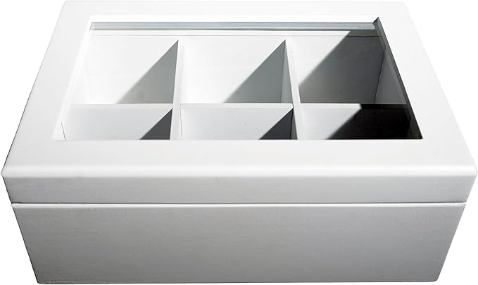 Break Tradition Wooden Tea Organizer For Tea Bags - Wooden Tea Chest With 6 Compartments - Clear Top Window - Lid Stays Open (White)