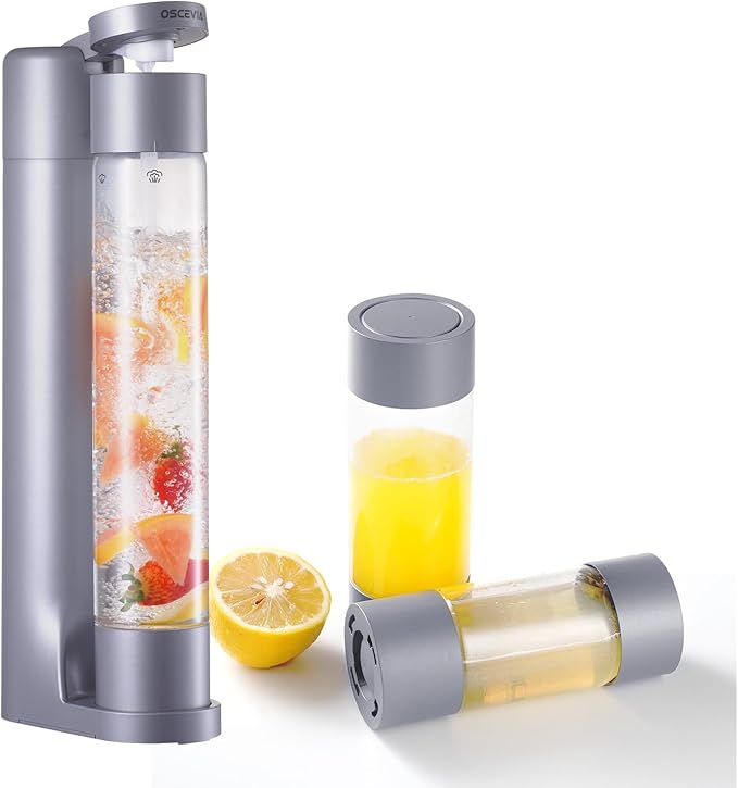Sparkling Water Machine Soda Maker Beverage Drink Dispenser for Home, Soda Streaming with 1L BPA Free Bottle, 2 Portable Bottle for travel, Seltzer & Carbonator Srew-in 60L CO2 (NOT Included), Grey