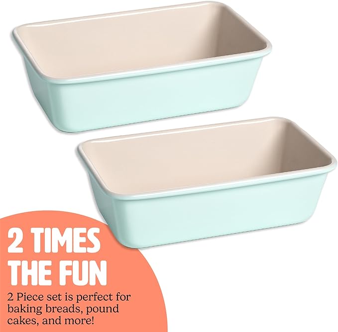 Tasty Clean Ceramic Loaf Pan Set, 2-Pack of 9-Inch x 5-Inch Cake Pans, Durable Aluminized Steel for Professional Results, Clean Ceramic Nonstick Coating, Oven Safe to 425°F, Dishwasher Safe, Aqua