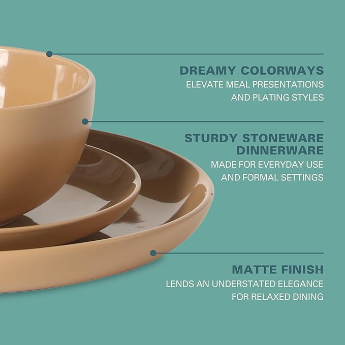 Gibson Home Rockaway 12-Piece Round Stoneware Dinnerware Set, Service for 4 – Beige Plates and Bowls, Modern Matte Finish, Microwave & Dishwasher Safe