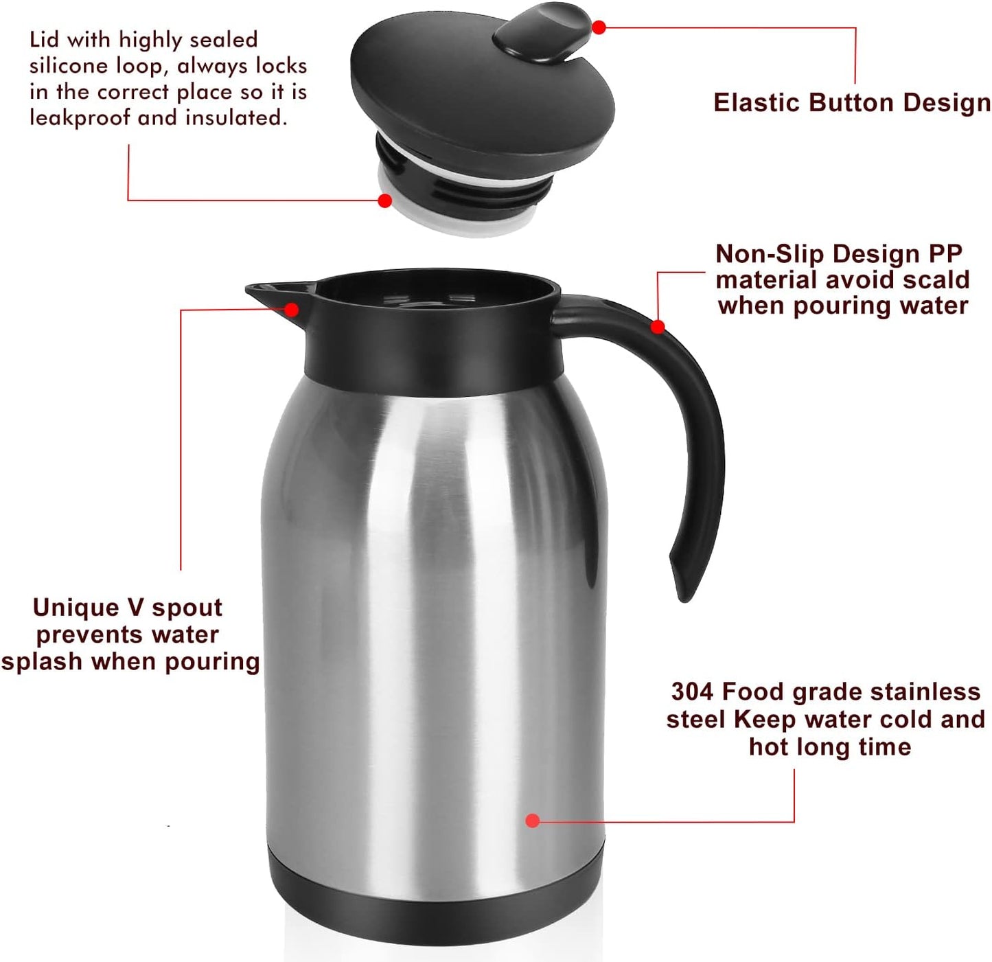 Stainless Steel Thermal Coffee Carafe Dispenser, 40oz Unbreakable Double Wall Vacuum Flask 1.2L Water Tea Pot Beverage Pitcher for Hot Coffee for Christmas Carafe(Silver)