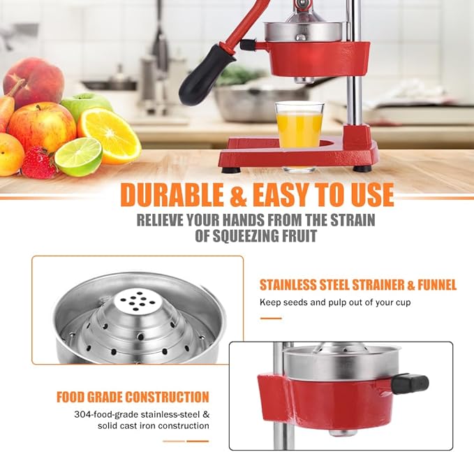 Commercial Heavy Duty Cast Iron Hand Press Manual Orange Citrus Lemon Lime Grapefruit Pomegranate Fruit Juice Squeezer Machine with Stainless Steel Cup Red