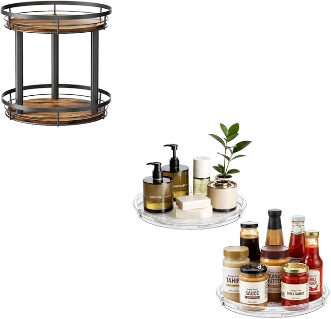 LAMU 10'' Wood Lazy Susan Turntable and 2 Pack Clear Lazy Susan Organizer