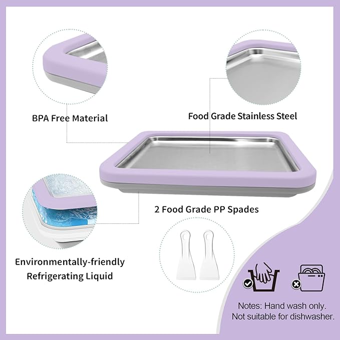 Rolled Ice Cream Maker Instant Ice Cream Maker with 2 Spatulas Frozen Yoghurt Plate Homemade DIY Instant Gelato Pan/Roll (Lavender)