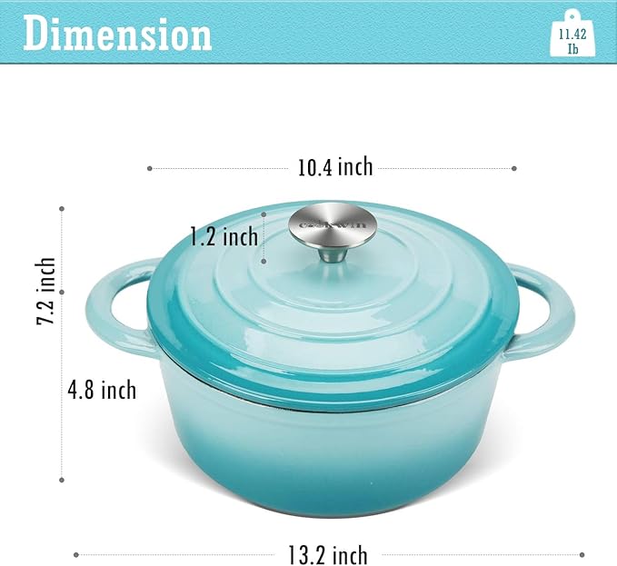 COOKWIN Enameled Cast Iron Dutch Oven, 5 QT Bread Baking Pot with Self Basting Lid, Non-stick Enamel Coated Cookware Pot, Great Christmas Gifts for Family, Teal