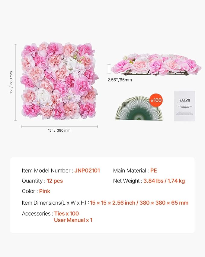 VEVOR 3D Flower Wall Panel, Artificial Floral Wall Background Mesh Backing Mat,Seamless Design&Easy Installation for Wedding Valentines Day Home Baby Party Backdrop Decor,Pink