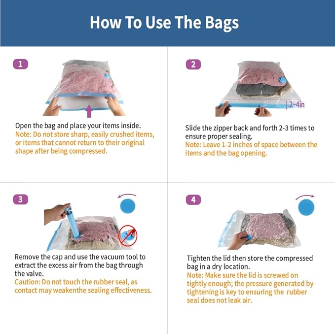 7 Pack Small Space Saver Vacuum Storage Bags for Clothing Travel, Vacuum Seal Compression Bags for Clothes, Packing, Luggage, Blankets, Comforters and Pillows, Hand Pump Included