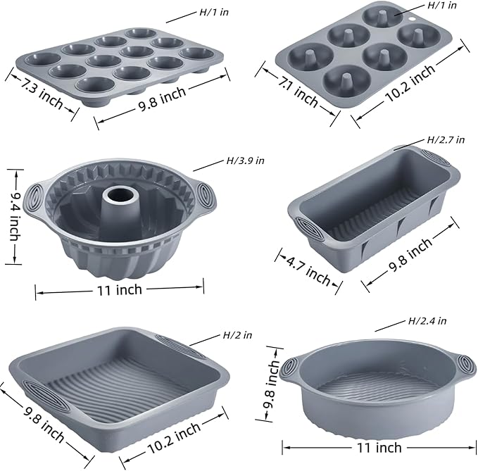Nonstick Silicone Bakeware Set, 6 set Baking Cake Pan, Economical BPA Free Heat Resistant Bakeware Tools for DIY Loaf Bread Cheesecake Pizza Cupcake Muffin (Gray)
