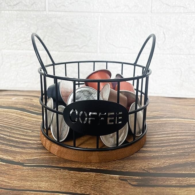 Coffee Pods Holder for Countertop, K Cup Holder Organizer, Sturdy Kcup Storage Basket with Wooden Base, Pods Container for Kitchen Bar Counter Office Desktop (Black)