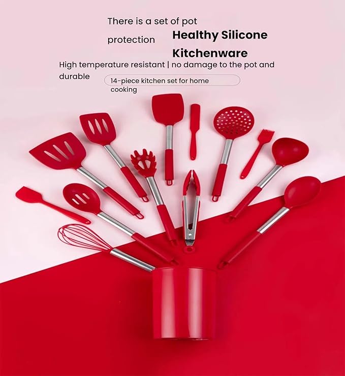 Silicone Kitchen Tools - Non - Stick, Anti - Slip, High - Temperature Resistant, Scald - Proof 14 - Piece Set with Stainless Steel Tube Handles & a Storage Bucket (Red)