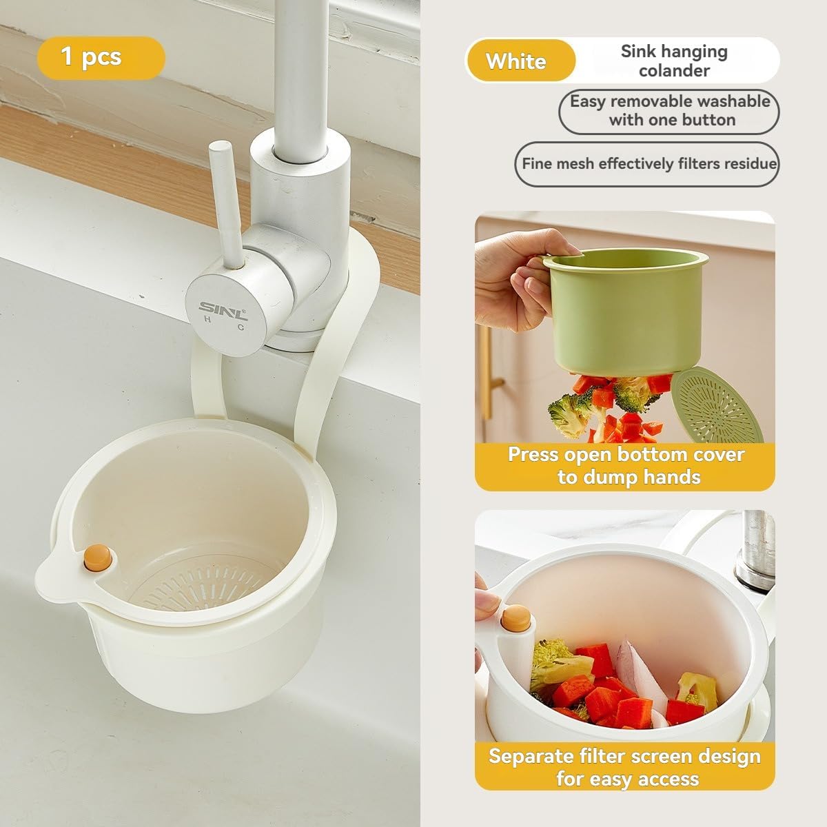 Over-Sink Drying Rack - Faucet Mount Drainer Basket, Rust-Proof Sink Trash Catcher for Kitchen Organization (White)